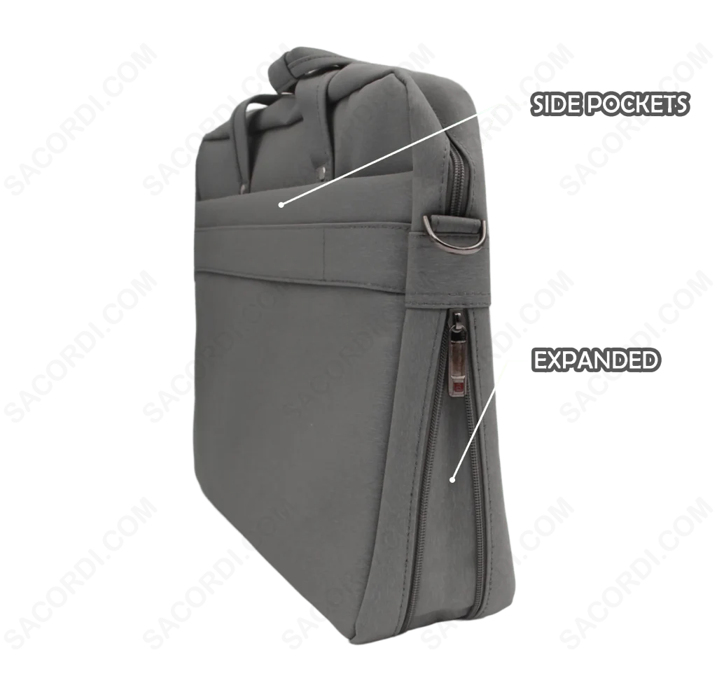 Expanded grey shoulder bag featuring side pockets.